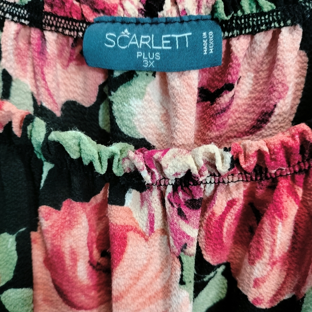 Scarlett Plus Black Pink Rose Floral Smocked Midi Dress Short Sleeve 3X Boho - Picture 3 of 3